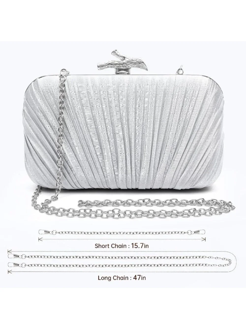 Women's Silver Pleated Clutch Purse For Formal With Chain Evening Bag